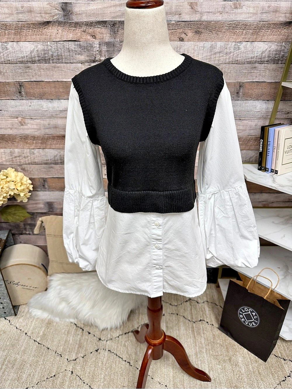 Moth Black Sweater with White Poplin Top